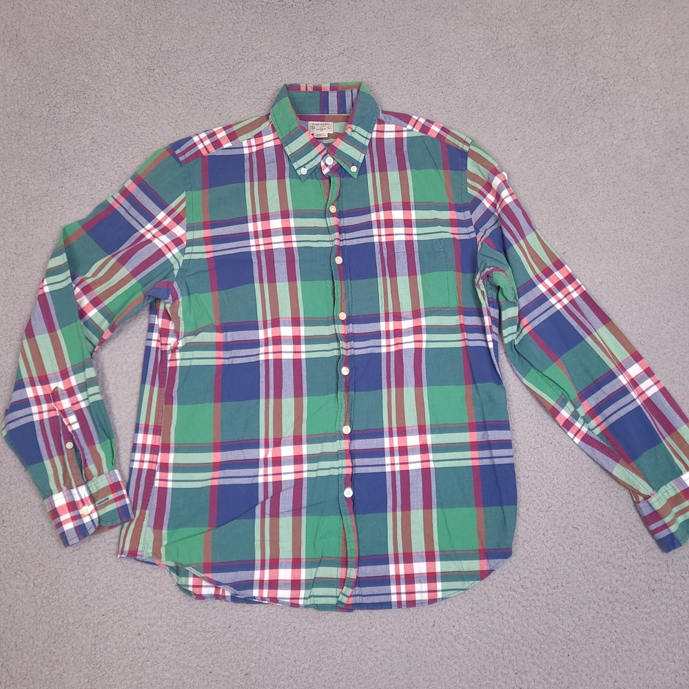 J.Crew Shirt Mens Large Green Blue Red Summer Plaid Cotton Preppy Button Up
